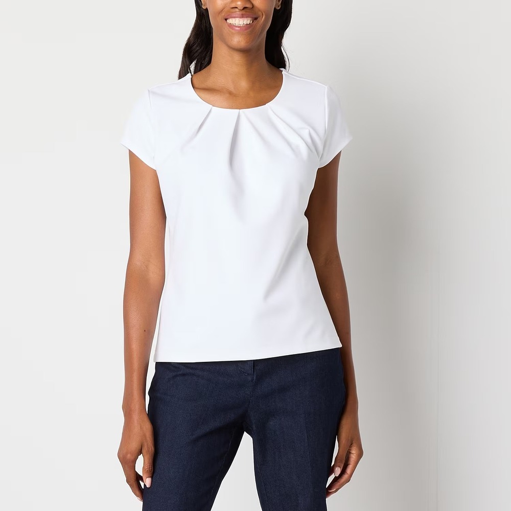 MSRP $32 Liz Claiborne Womens L White Round Neck Short Sleeve Blouse